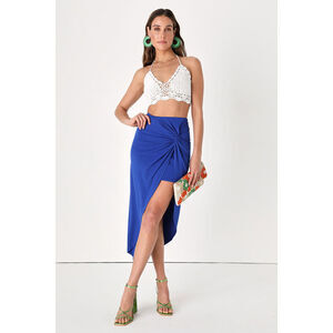Lulus Put A Spin On It Blue Twist-front High-low Midi Skirt - Size S